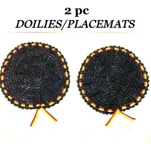 (2pc) DOILIES/PLACEMATS round crocheted black with ribbon 2pc set size13.5” NWOT